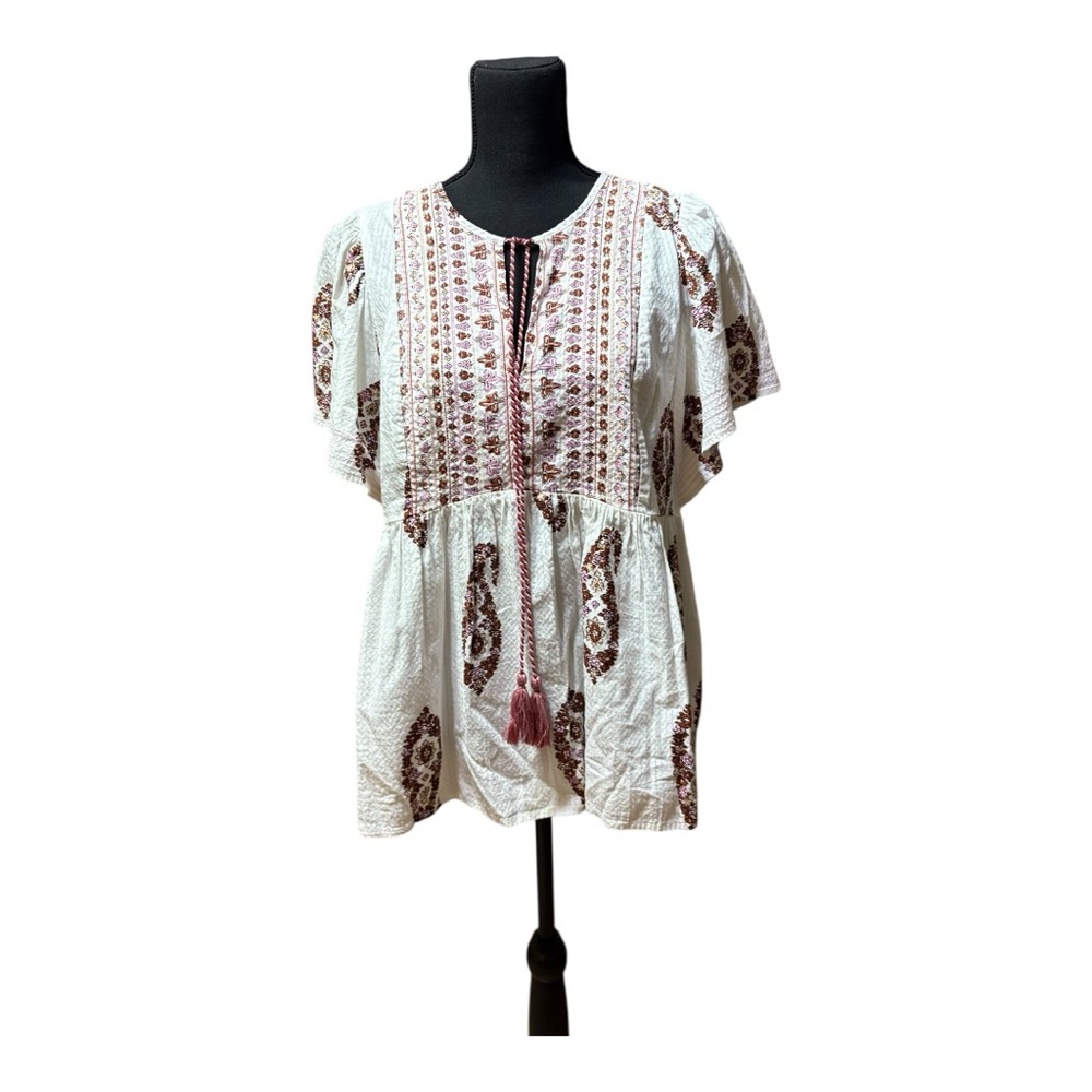 Knox Rose White and Brown Flutter Sleeve Babydoll Blouse Size XL